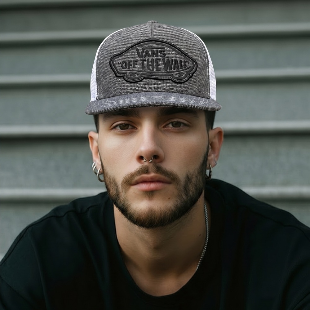 🛹 Vans Off The Wall Gray Trucker Hat Snapback Mesh Cap‎